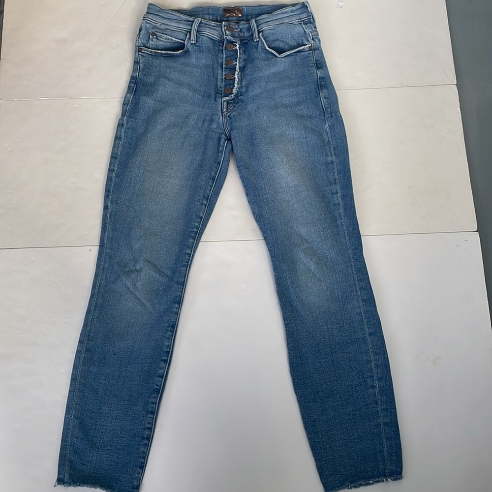 MOTHER The Fly Cut Stunner Ankle Fray Night On a Shiny White Vespa Blue Jeans 26